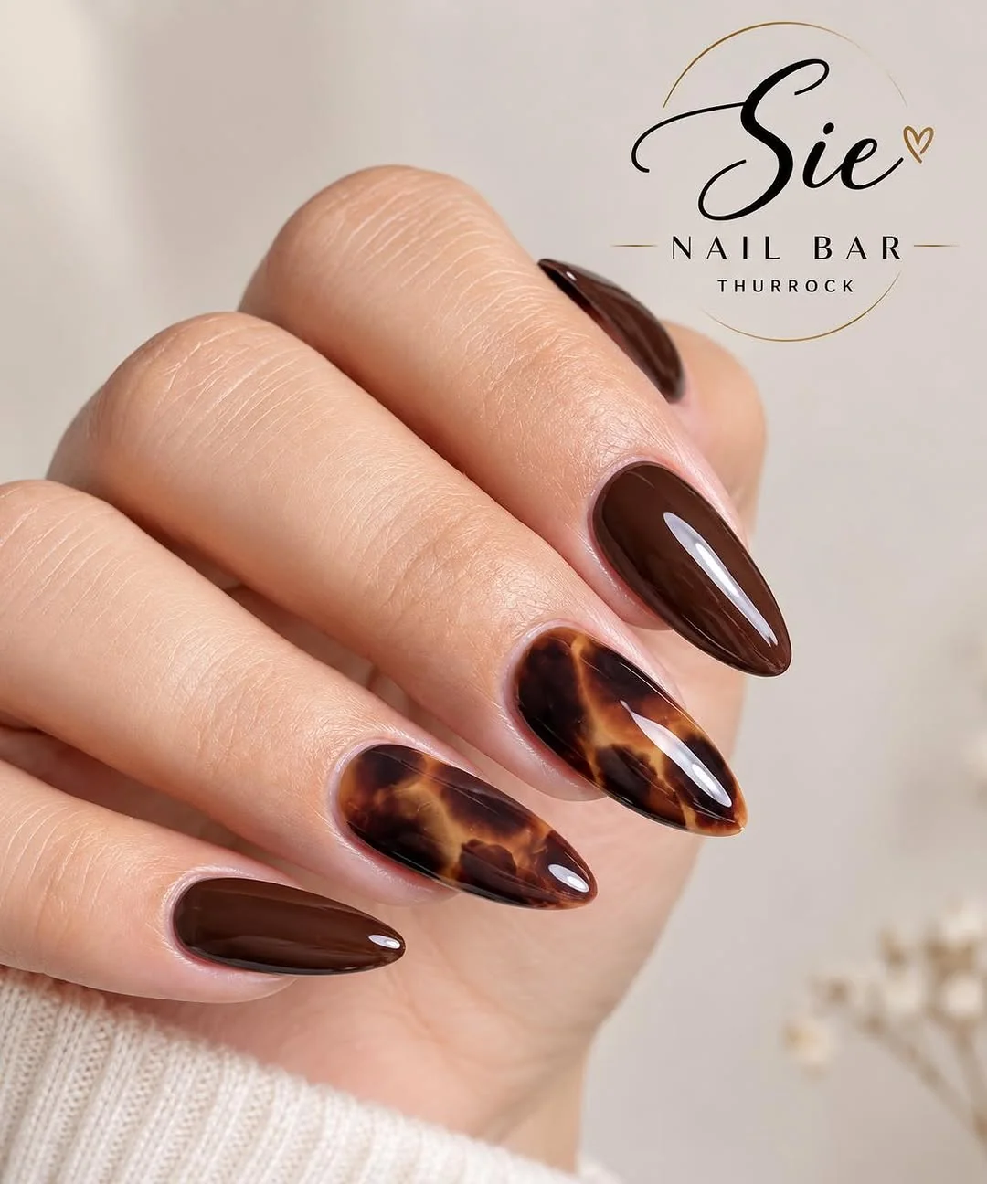 Dark chocolate and tortoiseshell almond nails