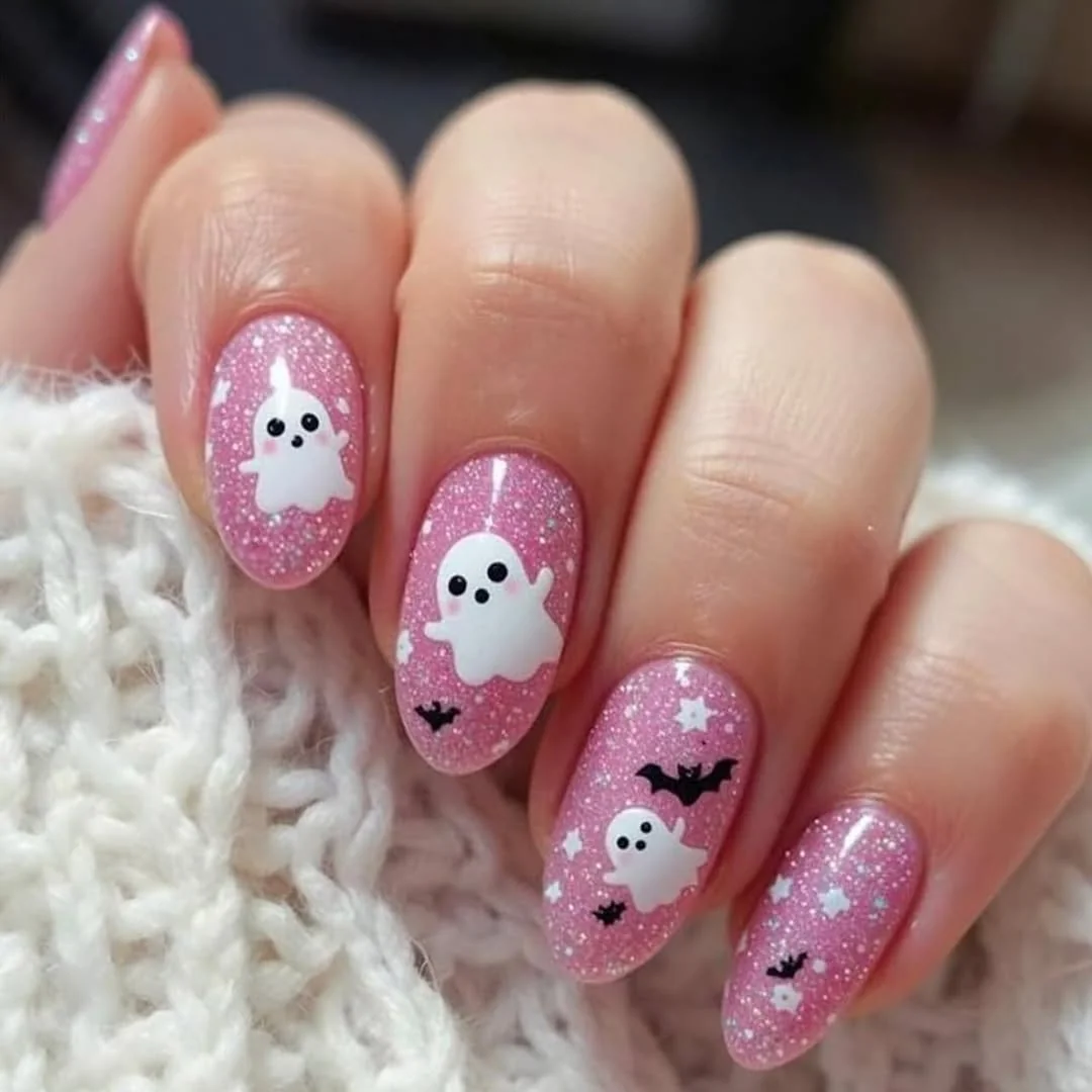 Pink glitter almond nails with white ghosts and black bats