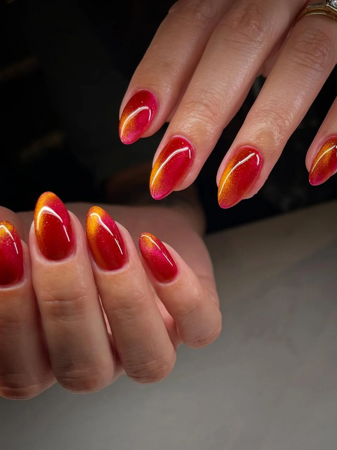 Fiery Red Tips nail design: red orange flame short