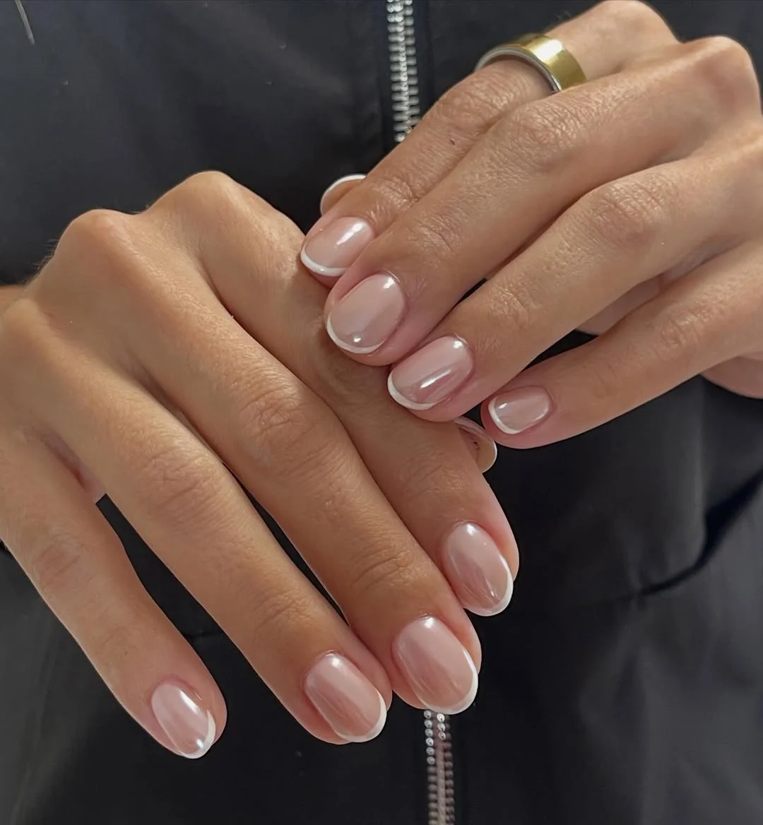 Short sheer nude nails with micro French tips