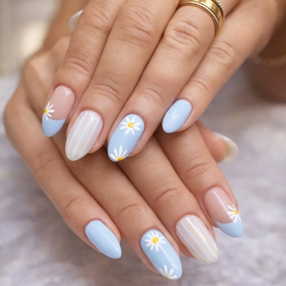 Icy Blue French nail design: white blue pastel almond