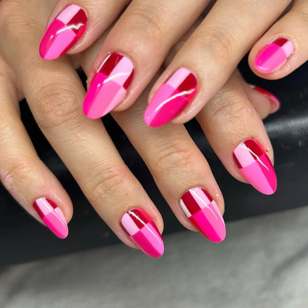 Pink Gold Art nail design: hot pink abstract french stiletto