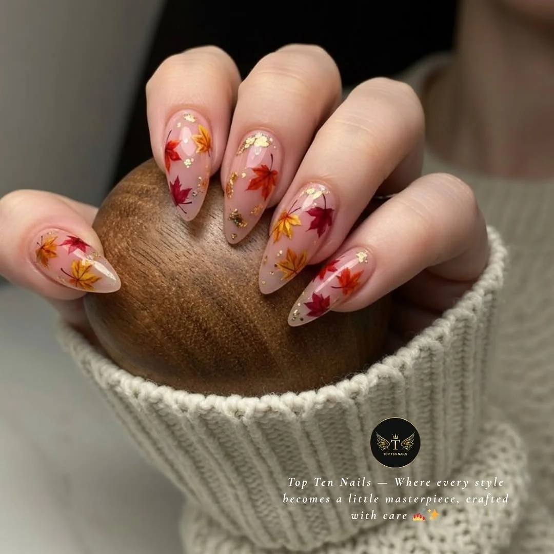 Fall Swirl French nail design: fall leaf autumn nude orange sweater