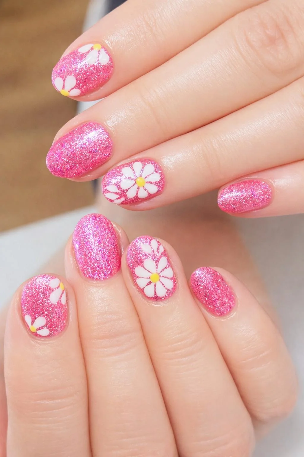 Pink glitter short nails with white daisy accent nails