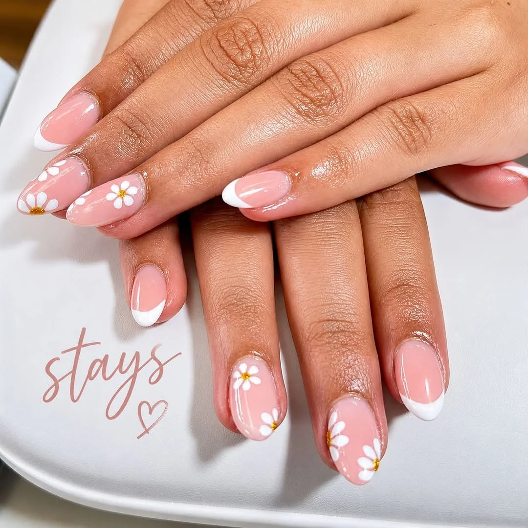 Nude Heart Almond nail design: nude peach french heart