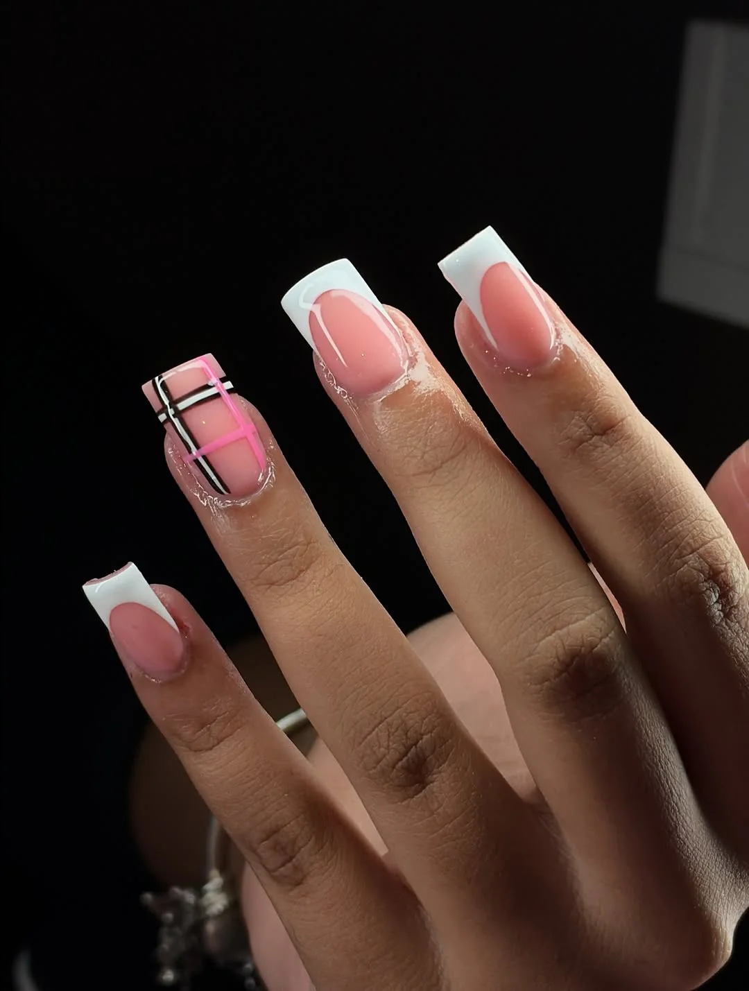 Pink Plaid French Nail Design Pink Plaid French nail design idea