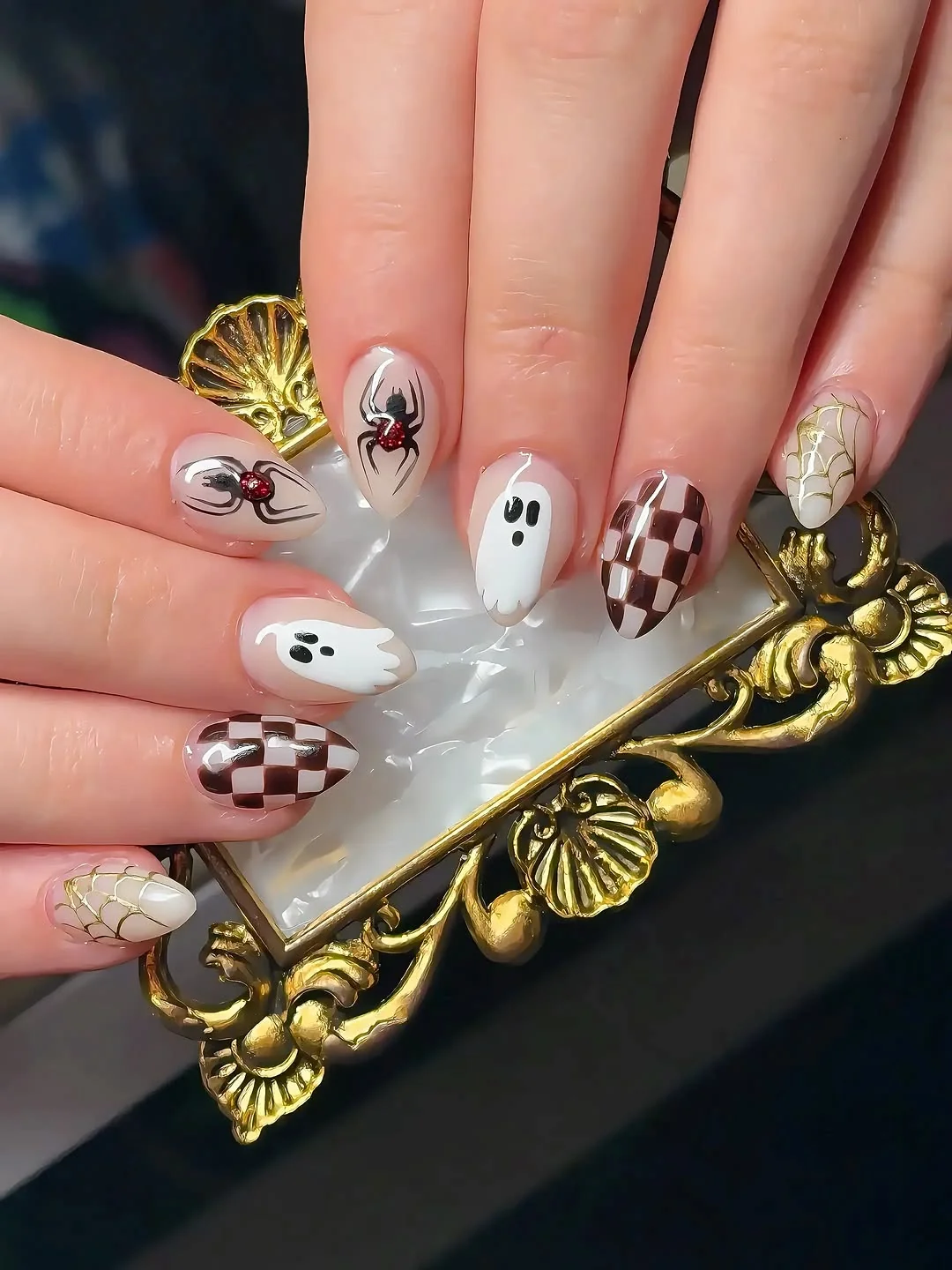 Checker Ghost Almond Nail Design Checker Ghost Almond nail design idea