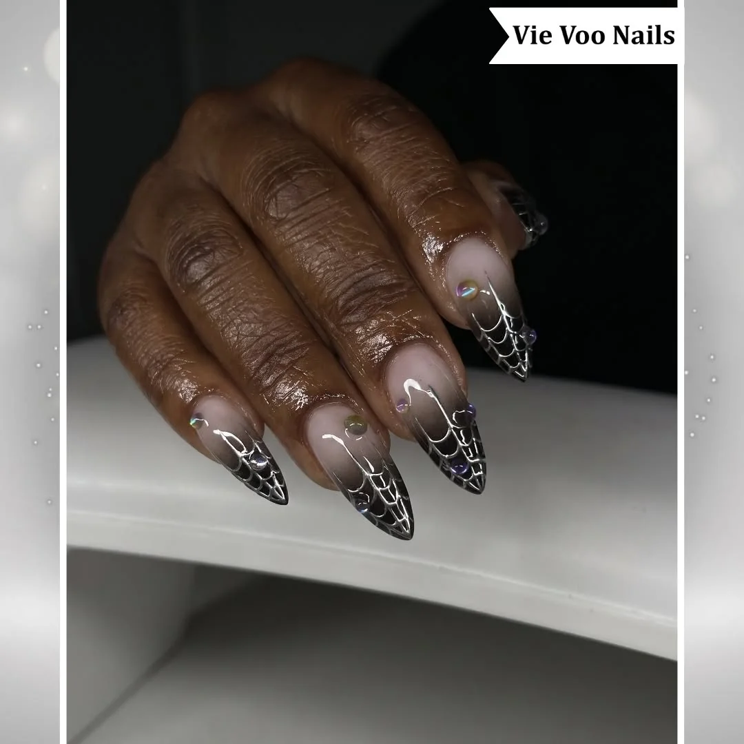 Black Web Stiletto nail design idea