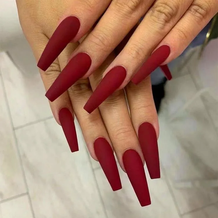 Long matte cherry red coffin nails