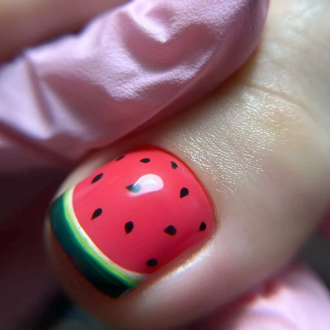 Big toenail with watermelon slice art in pink and green