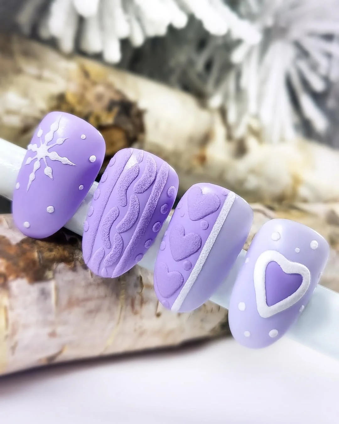 Purple Heart Swirl nail design: lavender 3D sweater heart