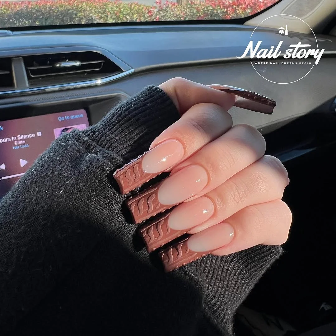 Square nude nails with brown knit-textured French tips