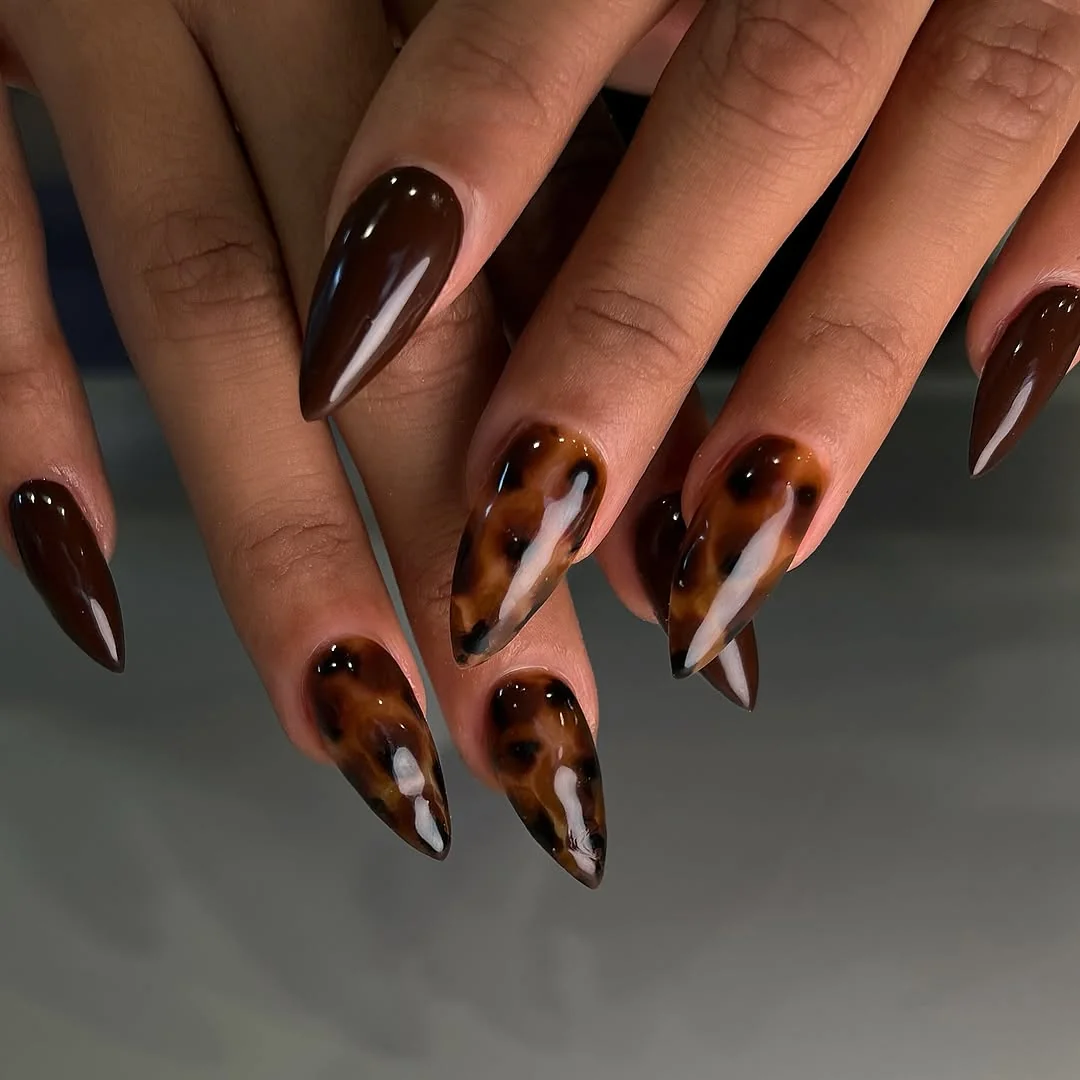Dark brown and tortoiseshell stiletto nails