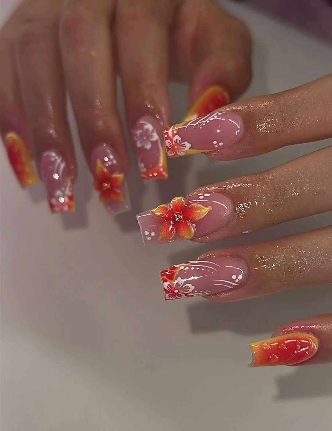 Coffin nails with orange and red tropical flower art