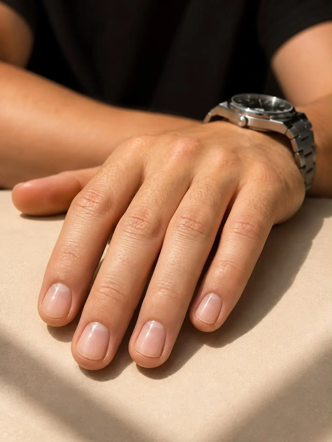 Short sheer nude nails on a masculine hand