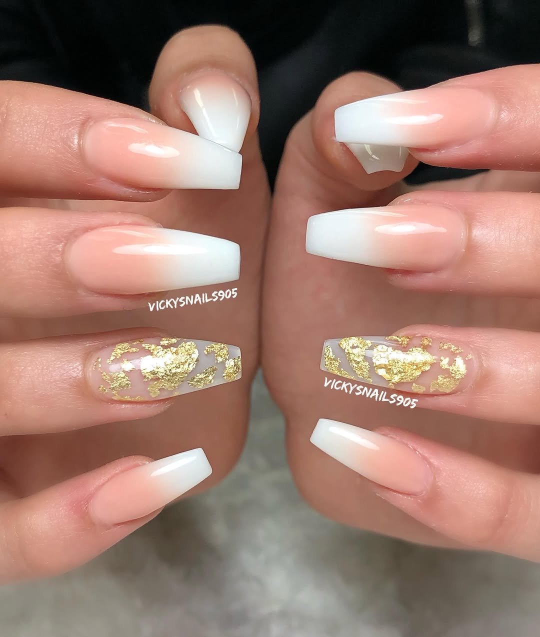 Nude to white ombre nails with gold foil accents