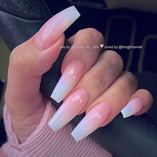 Pink to white ombre long coffin nails