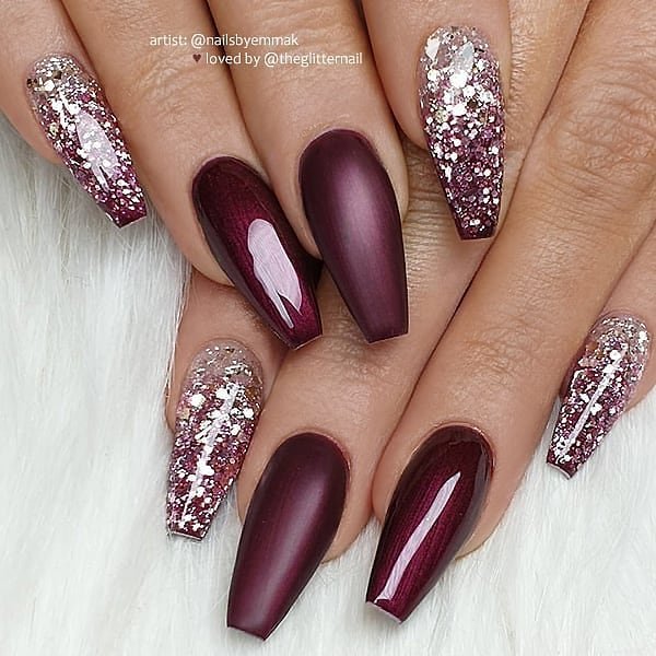 Matte burgundy coffin nails with pink glitter accent nails