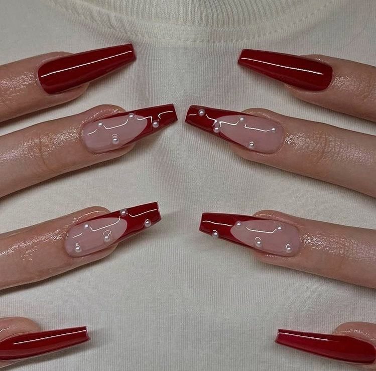 Clear coffin nails with cherry red French tips
