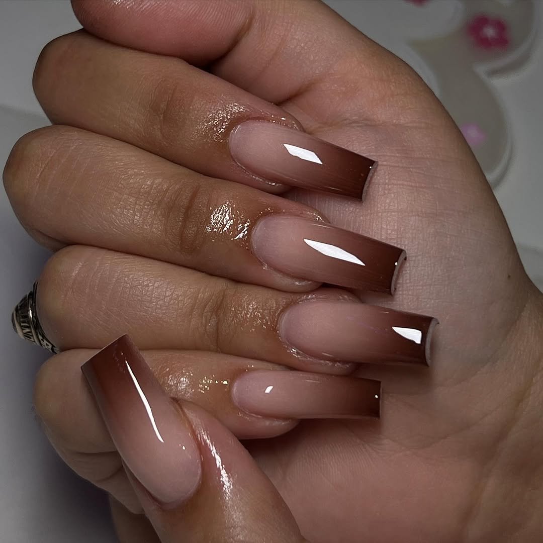 Brown ombre coffin nails fading from nude to chocolate