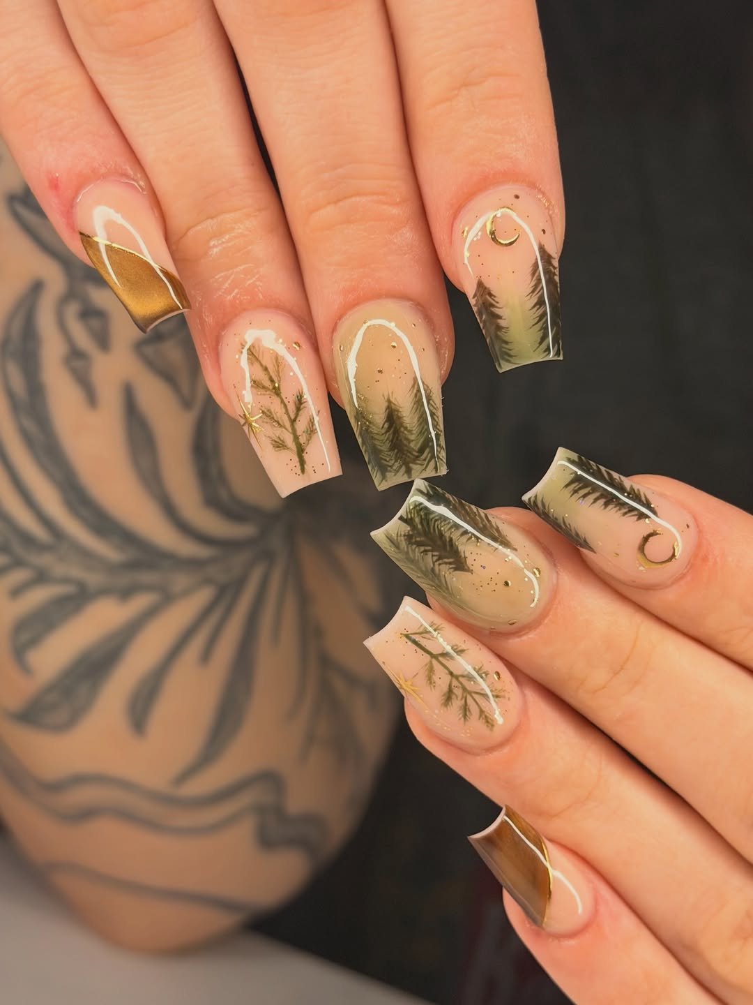 Nude nails with gold chrome French tips