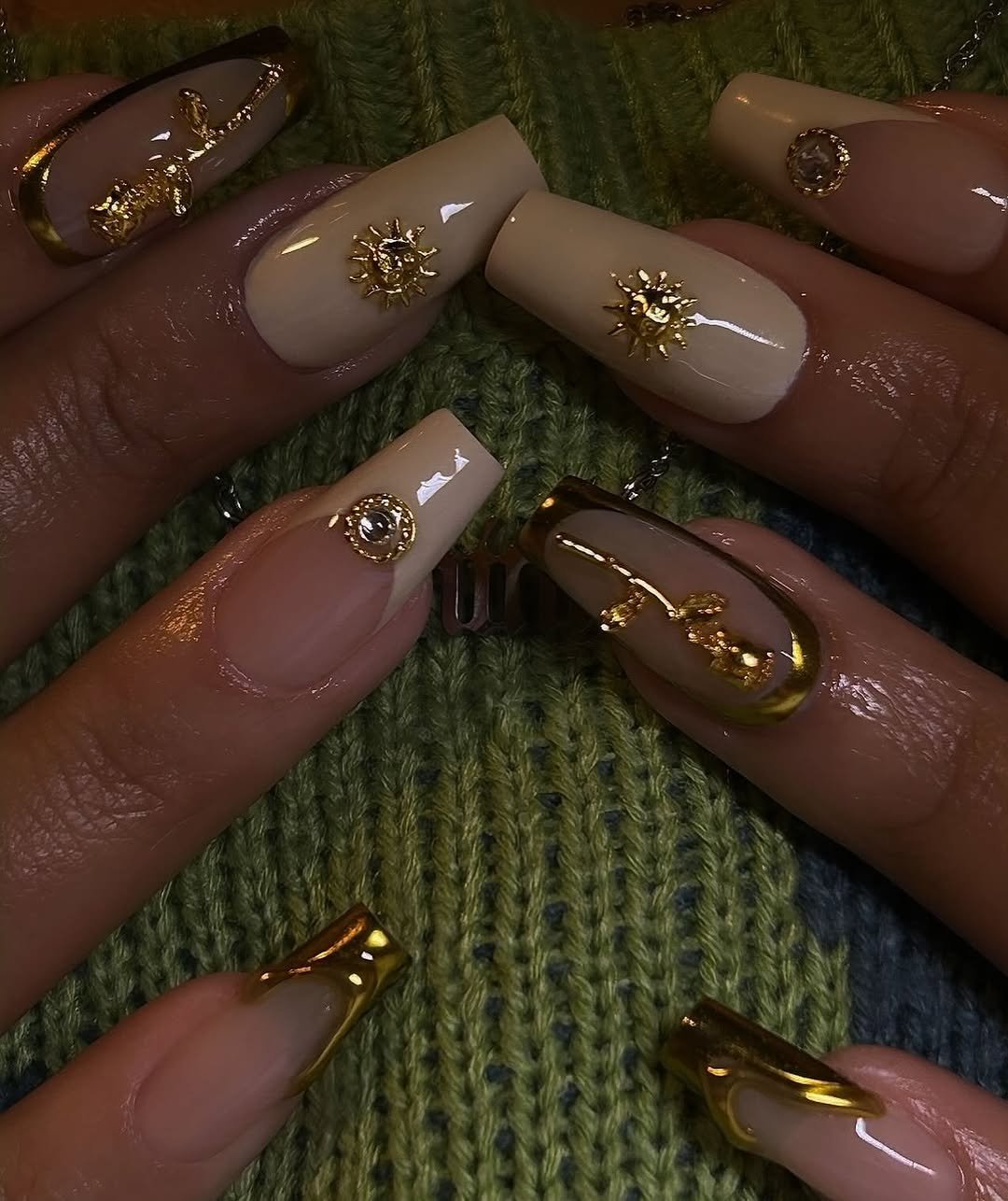 Mocha nude nails with gold foil pieces
