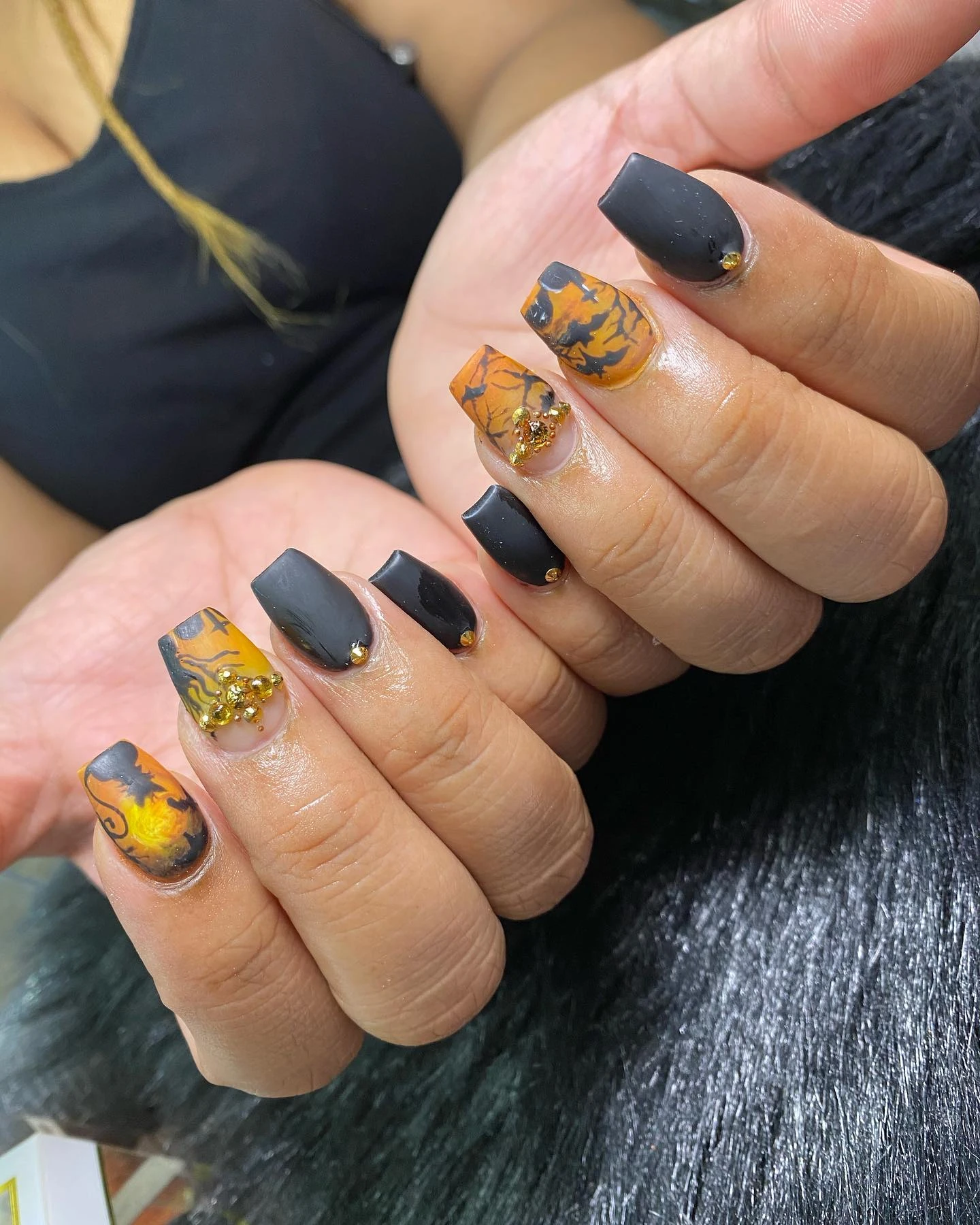 Matte Black and Orange Marble Halloween Short Square Nails