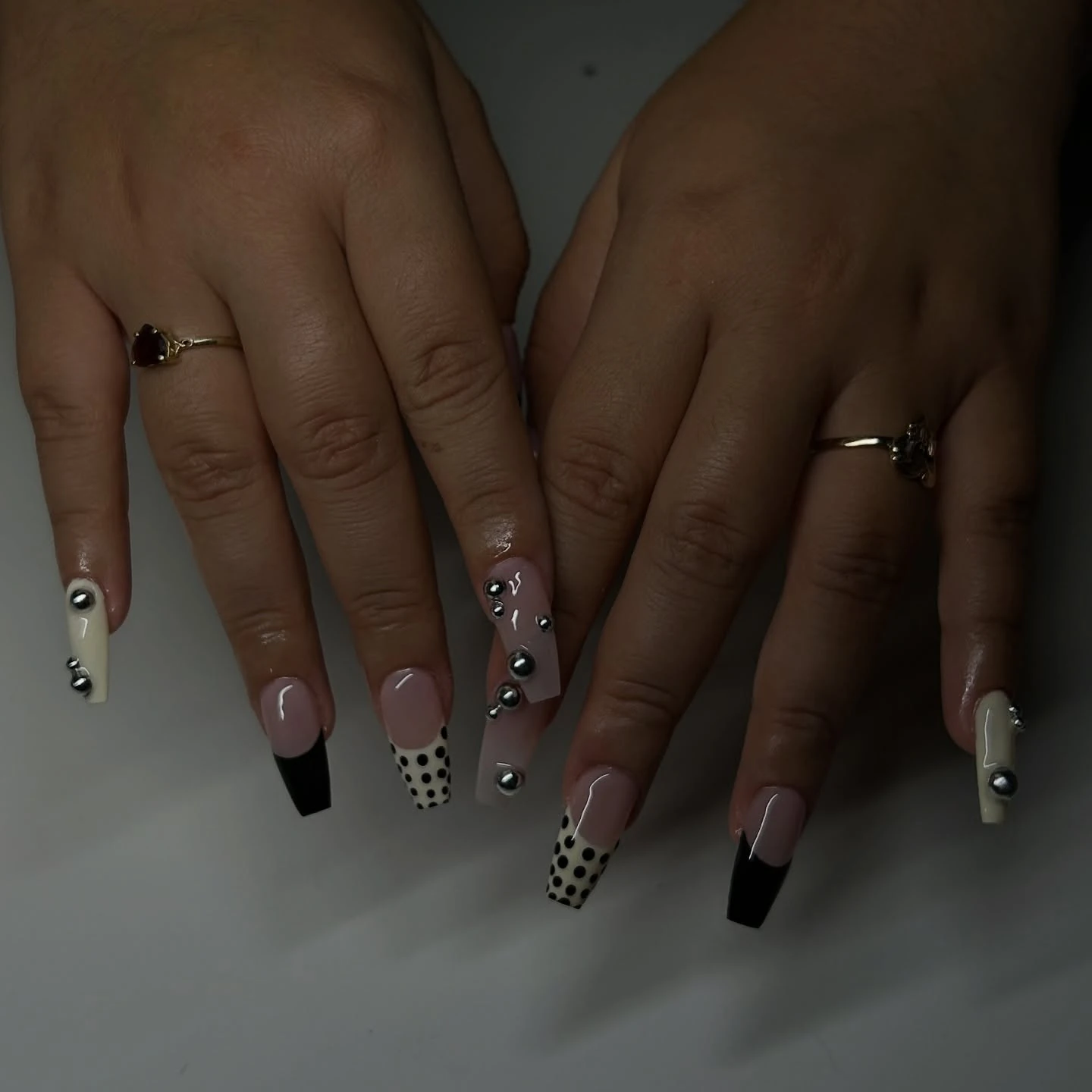 Black Tips and Dots Short Nails